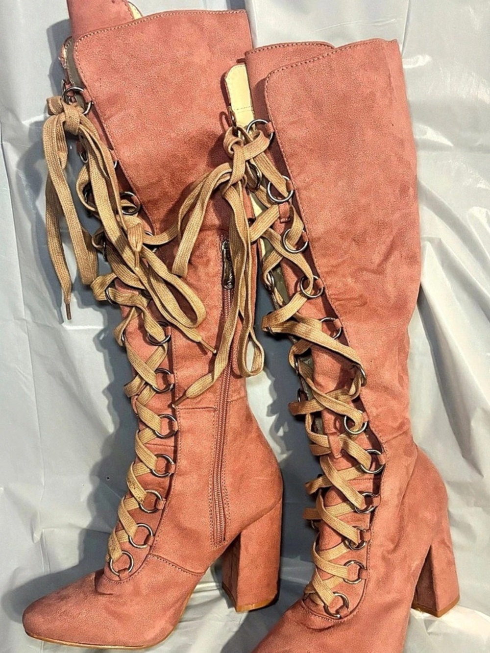 Pink Lace-Up Over-the-Knee Boots